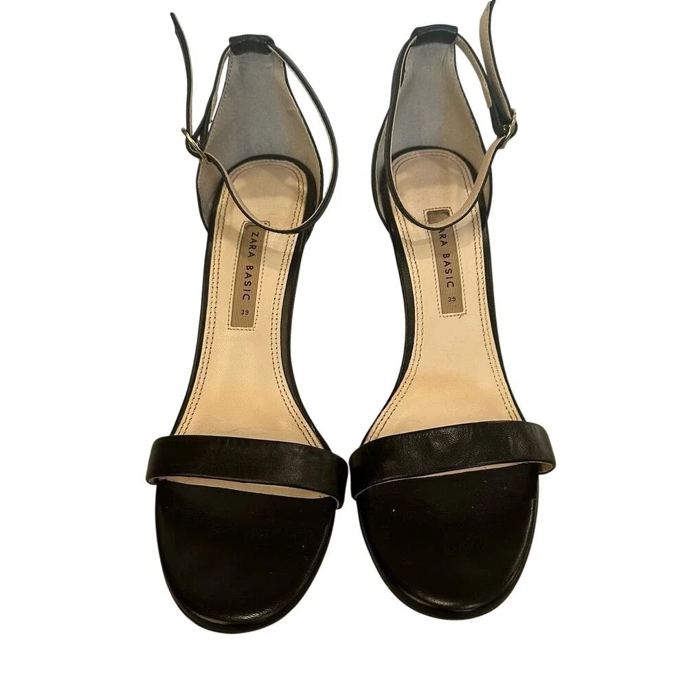 Zara Basic Heeled Sandals Womens 39 Black Good Ankle Strap Stiletto Open Toe
